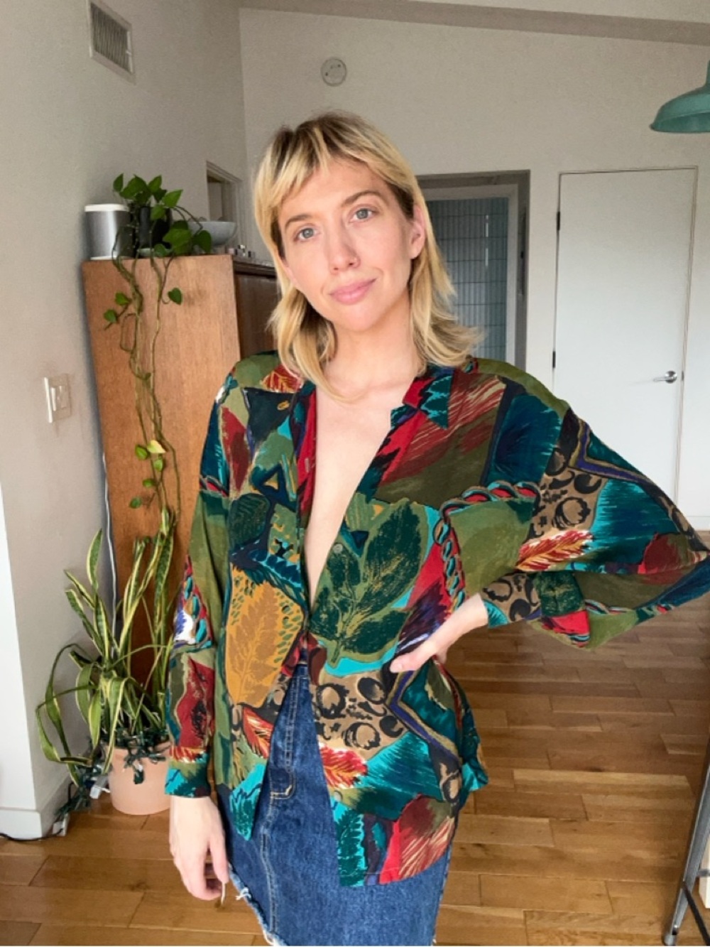 Vintage, Vibrant Multicolor Leaf / Nature Patchwork Button-Up Blouse